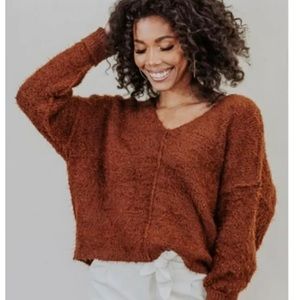 Free People Icing Slouchy Fuzzy Soft V-Neck Pullover Mocha Java  NWT $108